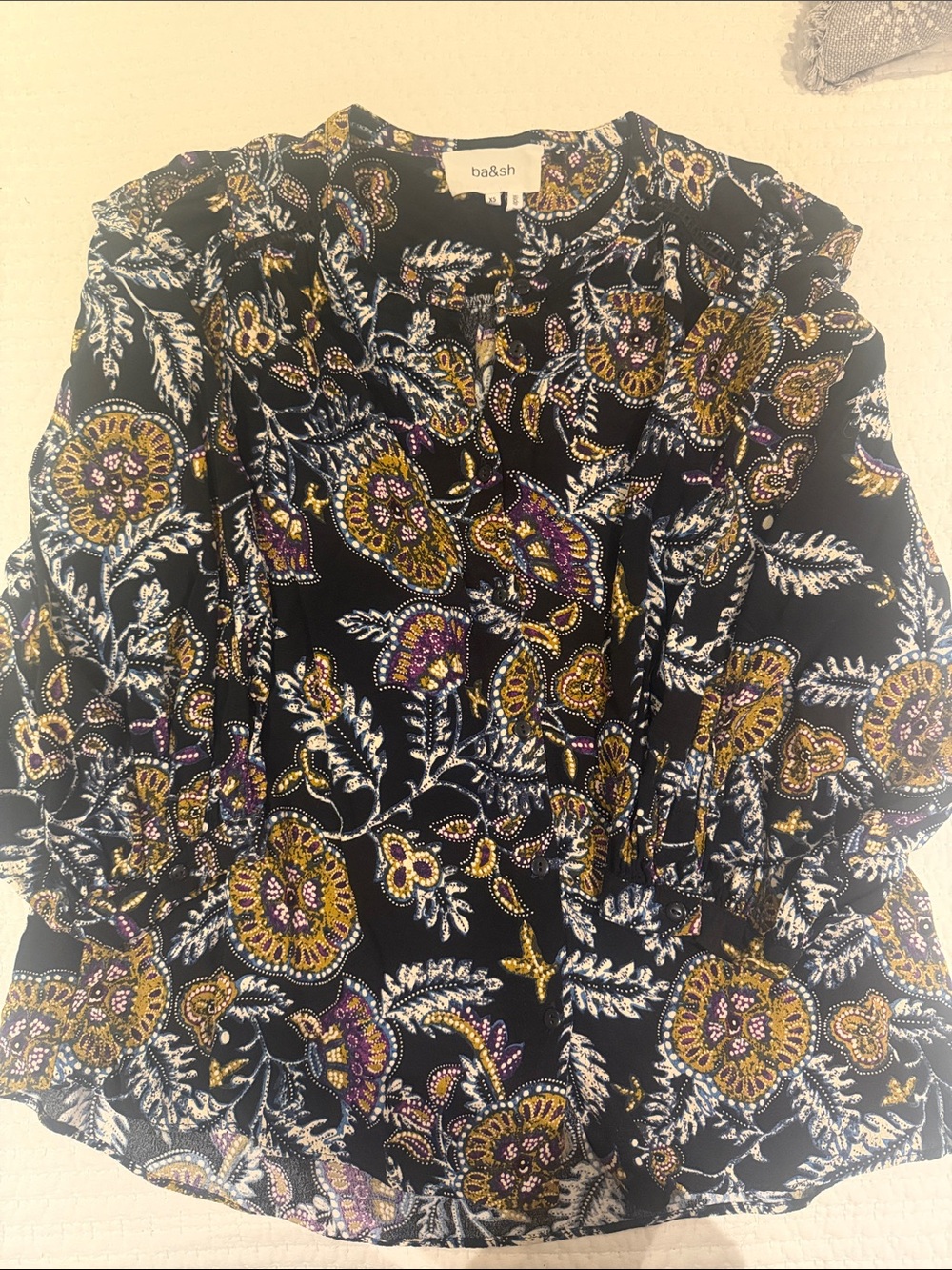 ba&sh Black Floral Paisley Blouse with Gold and Purple Accents